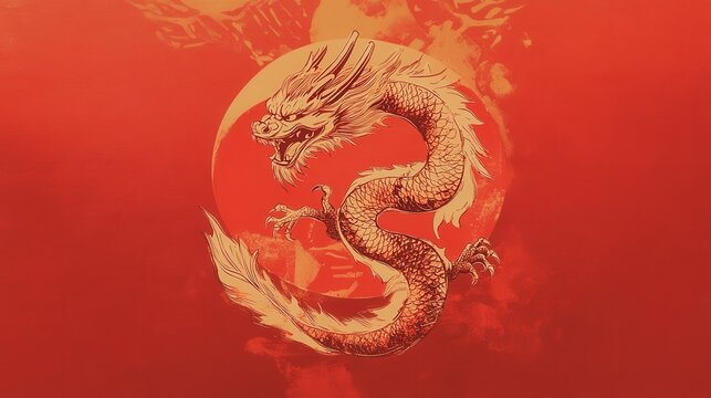 Chinese New Year 2025 invitation sign blending minimalist typography with classic red and gold colors, accompanied by a dragon illustration.