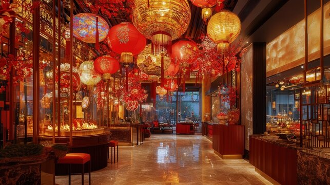 Chinese New Year 2025 invitation sign featuring vibrant red and gold, traditional lanterns, and a firecracker motif.