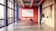 © setiyo - Modern office interior with red wall, large windows, wooden accents, and a meeting table.