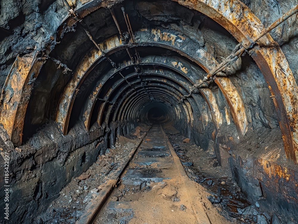 Abandoned coal mine ventilation tunnel interior slung derelict forsaken ...
