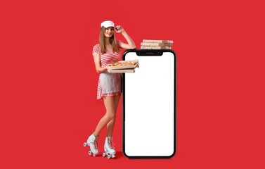 Canvas Print - Young woman in roller skates with tasty pizza and big smartphone on red background