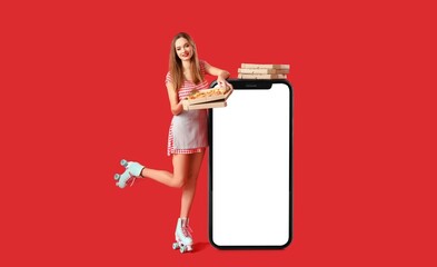 Canvas Print - Young woman in roller skates with tasty pizza and big smartphone on red background