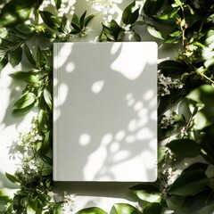 Poster - White Book Surrounded by Lush Green Leaves and Flowers