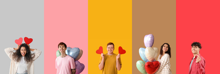 Wall Mural - Set of people with decorations for Valentine's Day on color background