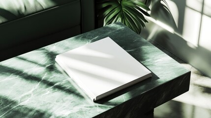 Wall Mural - Blank book mockup on green marble coffee table with sunlight and plant.