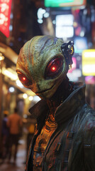 Bustling streets Mumbai transformed futuristic dream cyberpunk aesthetic glowing neon light surreal alien character urban life sci-fi night life dark ghost devil sin scary evil eyes hell gang crime