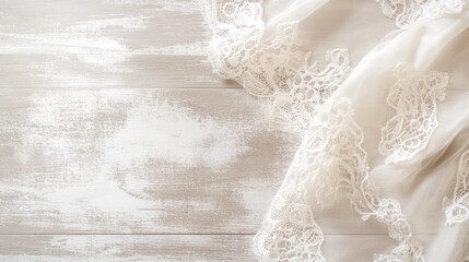 Poster - Elegant vintage greeting card with lace and floral patterns in soft pastel shades, placed on an aged wooden surface with light natural shadows, creating space for text.
