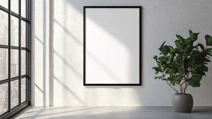 Wall Mural - Blank poster mock-up in minimalist interior with plant and window.