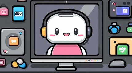 Cute Robot on Computer Screen:  Digital Assistant Illustration