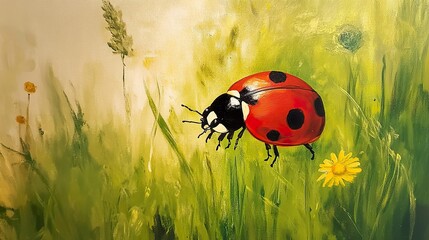 Poster - Ladybug in the Summer Meadow: A Close-Up Painting