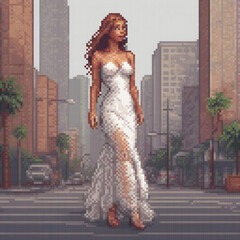 Elegant pixel art of a woman in a white dress gracefully crossing a bustling street.