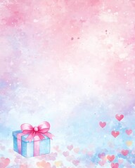 Wall Mural - Pastel Watercolor Gift Box with Hearts Romantic Valentine's Day Design