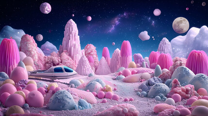 Wall Mural - futuristic spaceship lands on pastel alien planet, starry night sky, whimsical landscape, travel con