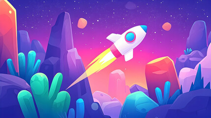Wall Mural - rocket launching from vibrant alien planet, starry sky background; futuristic illustration for websi