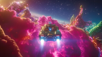 Wall Mural - spaceship soaring through vibrant nebula, cosmic cloudscape background, futuristic travel concept.