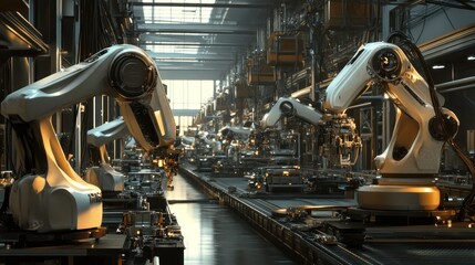 Wall Mural - Industrial Robot Arms in a Modern Factory Setting