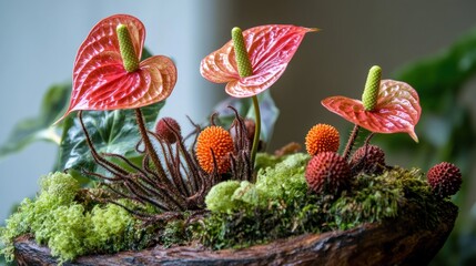 Wall Mural - Vibrant Red Anthuriums in a Lush Green Mossy Arrangement