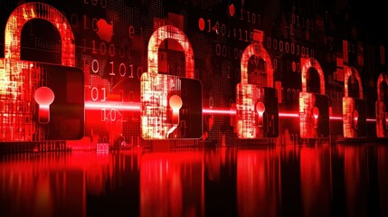 Poster - digital locks in red hues symbolize cybersecurity and data protection. vibrant colors and binary cod