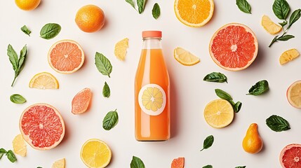 A clear glass juice bottle with an elegant label design, isolated on white, ideal for marketing and promotional use.