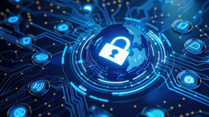 Poster - digital globe with padlock symbolizing cybersecurity and data protection. interconnected lines and i