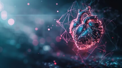 Poster - digital heart illustration with glowing particles and geometric shapes, symbolizing health and techn