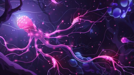 Poster - abstract illustration of vibrant pink neurons in dark environment, showcasing intricate connections 