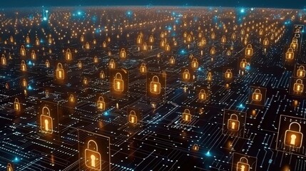 Poster - Digital landscape with glowing padlocks representing cybersecurity and data protection. interconnected network symbolizes importance of secure information exchange in technology