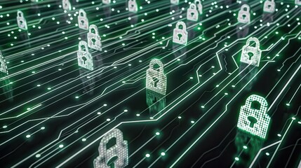 Poster - digital locks on circuit board symbolize cybersecurity and data protection. glowing green lights enh