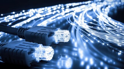 Poster - High speed fiber optic cables with glowing light strands, representing advanced technology and connectivity. Ideal for illustrating data transmission and communication