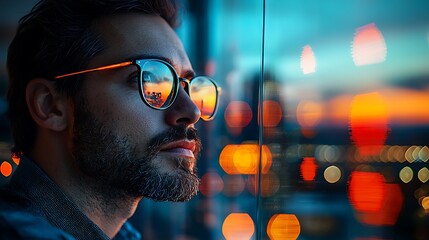 Canvas Print - Pensive Man Gazing at Urban Sunset Reflections Over Cityscape and Water