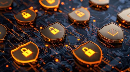 Poster - digital security icons on circuit board background, symbolizing protection and technology. glowing s