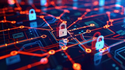 Poster - digital network with security locks, representing cybersecurity and data protection. vibrant colors 