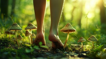 Canvas Print - Barefoot Walk in a Magical Forest: Mushrooms and Sunlight