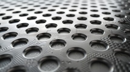 Poster - Textured metal surface with circular holes, creating modern industrial look. pattern adds depth and interest, suitable for various design applications