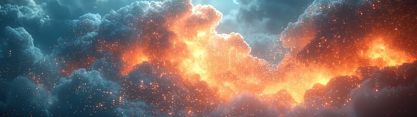 Wall Mural - Fiery orange and blue clouds illuminated by a dramatic light, creating a captivating atmosphere filled with particles and a sense of motion. social security software benefits cloud