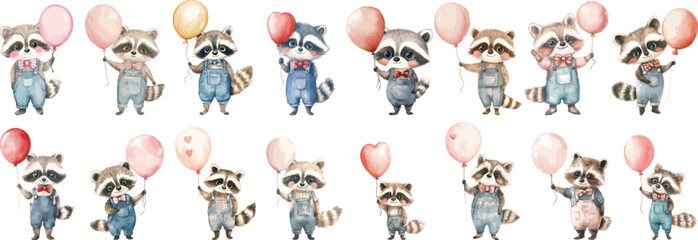 Wall Mural - cute racoon holding balloon for valentine watercolor clipart