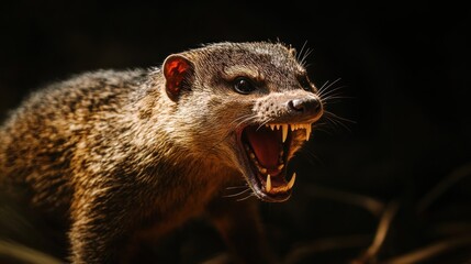 Close-up of a snarling, brown and grey, small predator with bared teeth against a dark background.