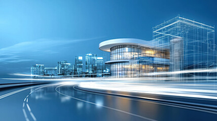 Digital architectural blueprint showcasing sustainable building design with modern city skyline background, emphasizing innovation and progress