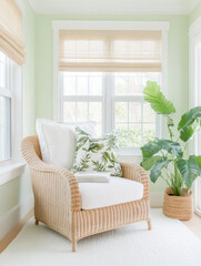 Aufkleber - Cozy wicker chair with green plant and decorative pillows in bright room