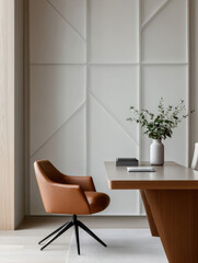 Poster - Modern office interior featuring stylish brown chair and minimalist decor