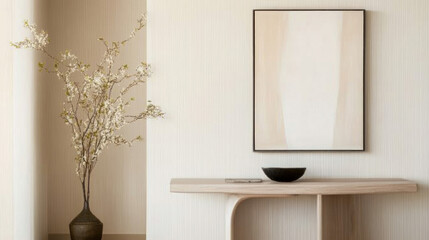 Poster - Minimalist interior design featuring wooden table, decorative vase, and wall art