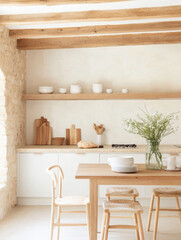 Poster - Modern kitchen with wooden beams, minimalist decor, and natural light