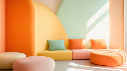 Poster - Bright and colorful interior design featuring orange, yellow, and green seating. Soft cushions enhance playful atmosphere