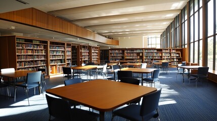 Canvas Print - Serene Library Interior: Sunlight Streaming Through Large Windows