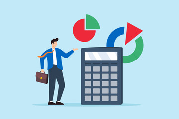 Poster - Flat illustration of businessman with calculator and pie chart symbolizing cost structure and budget management