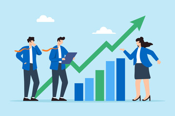 Poster - Flat illustration of business team look at rising arrow graph symbolizing business growth and sales increase