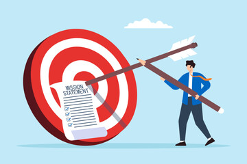 Poster - Flat illustration of businessman write company mission statement with pencil symbolizing vision to achieve goal and motivation