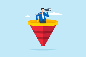 Poster - Flat illustration of businessman look through binocular at marketing funnel analyzing customer data and conversion rate