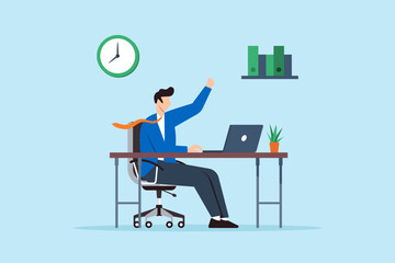Poster - Flat illustration of happy businessman works at office desk enjoying positive atmosphere and career satisfaction
