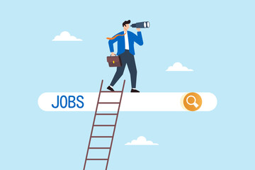 Poster - Flat illustration of businessman climb up ladder to job search bar with binocular on sky seeking new employment opportunity